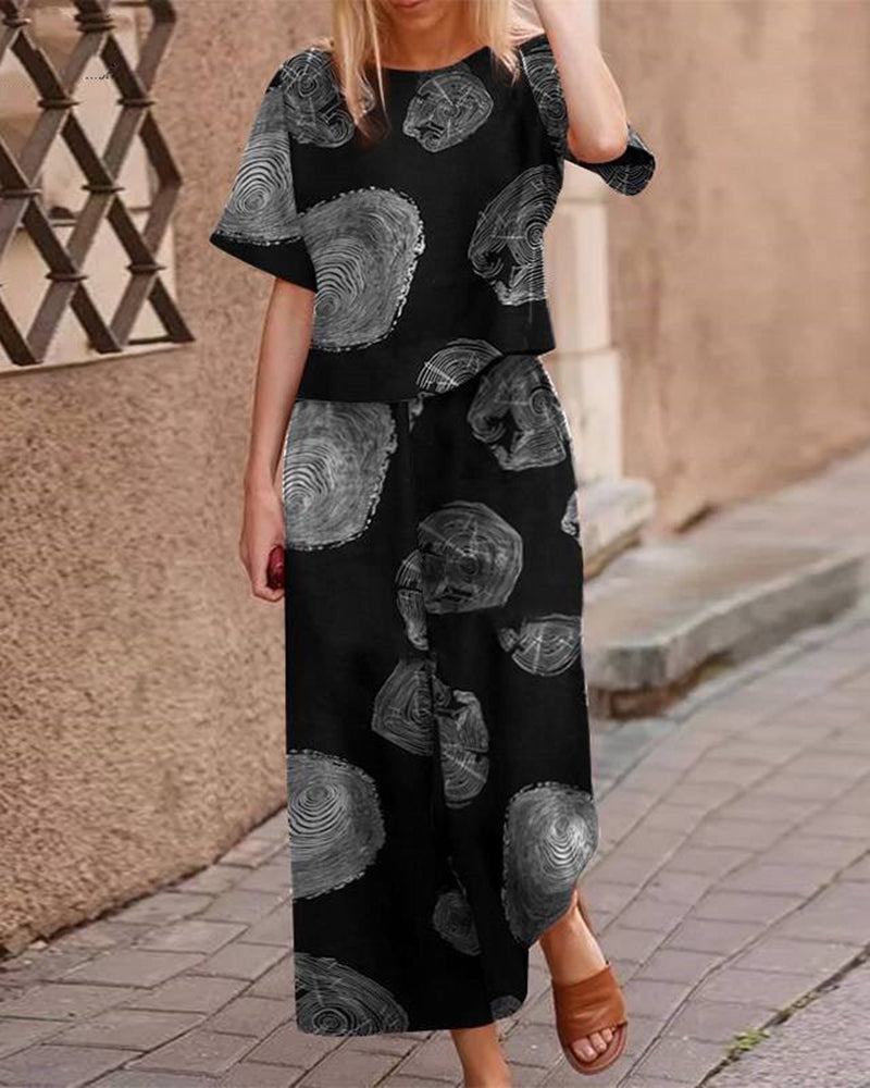 Black Retro Print Two Piece Set with white pattern, casual style, perfect for daily wear