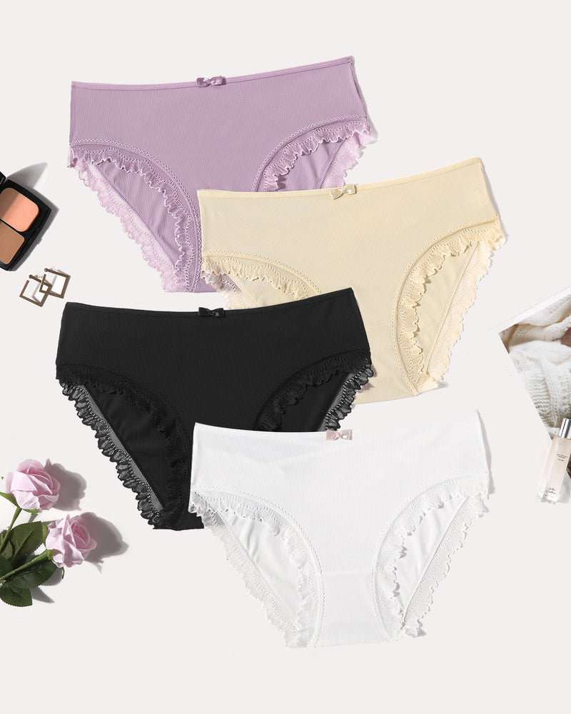 Four-piece lace trim panties set in purple, beige, black, and white with bow details.
