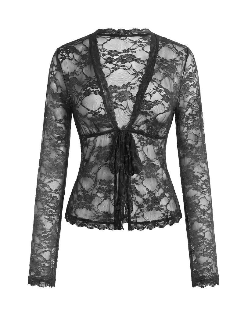 Black sheer floral lace long-sleeve cardigan with deep V and tie-front