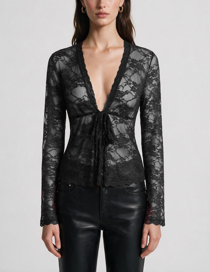 Black sheer lace V-neck tie-front cardigan with long sleeves, scalloped hem