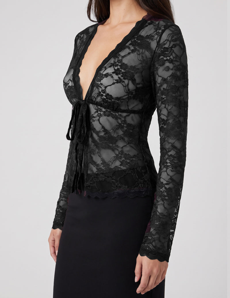 Black sheer lace cardigan, deep V tie-front detail and long sleeves