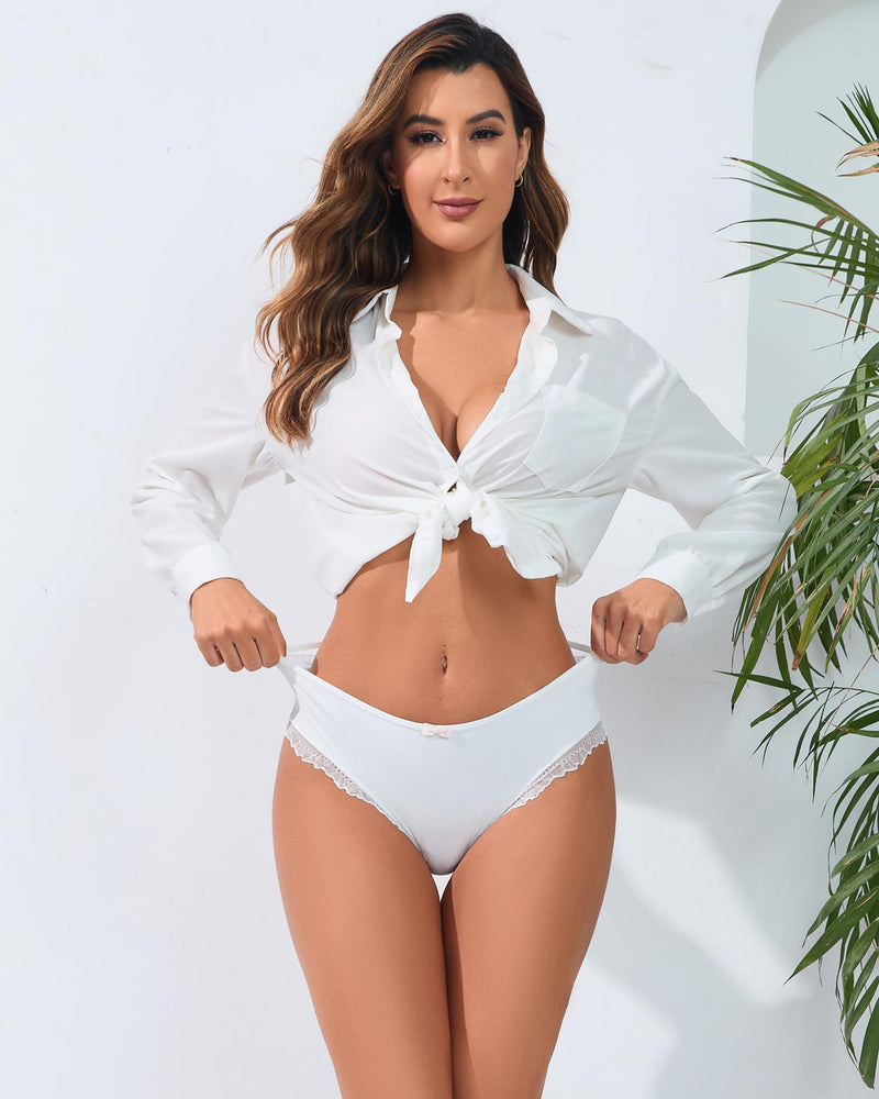 White lace trim panties, part of a women's lingerie set, featuring crisscross back design