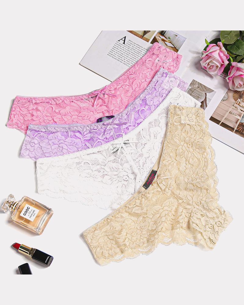 Floral lace hipster panties in pink, purple, white, and beige. Stylish Avidlove lingerie.