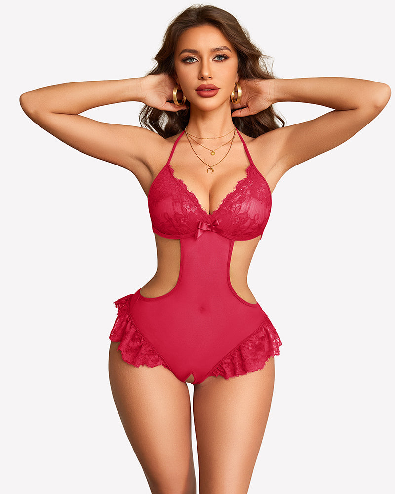 Hot pink sheer lace bodysuit with lace triangle cups and ruffled garter thigh bands