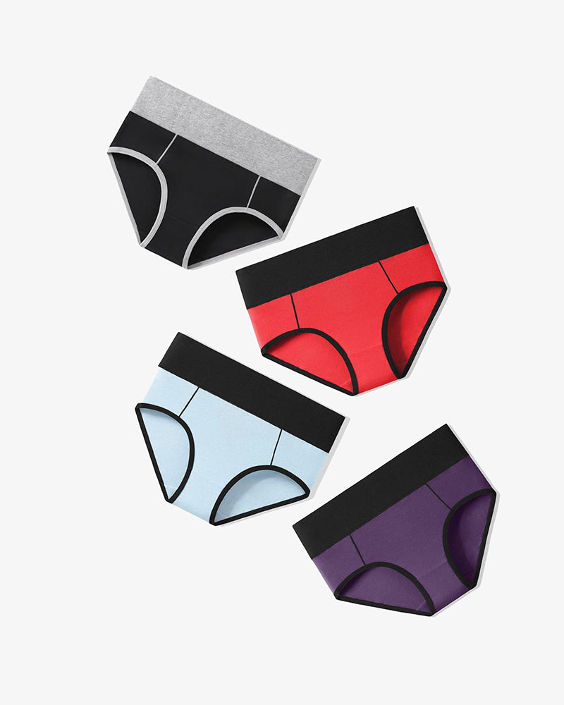 Cotton Hipster Panties: High-waist briefs in black, red, blue, and purple with color-clash design.