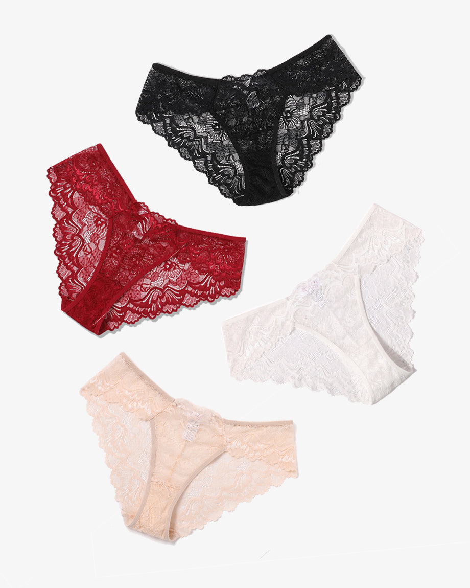 Avidlove lace hipster panties, available in black, red, white, and peach. Low-rise floral design.