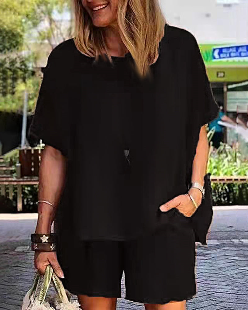 Black linen-blend two-piece shorts set for women, casual style, perfect for leisure and daily wear