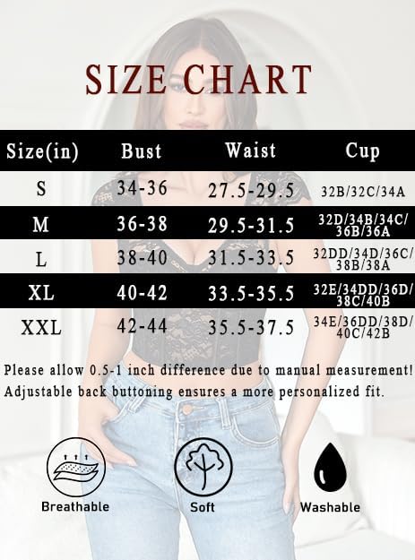 Lace bustier crop top size chart, S-XXL. Bust, waist, cup sizes. Breathable, soft, and washable.