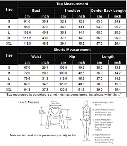 Size chart for top and shorts: bust, waist, hip, shoulder, lengths
