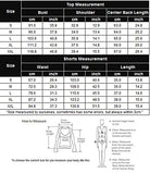 Size chart for top and shorts: bust, waist, hip, shoulder, lengths
