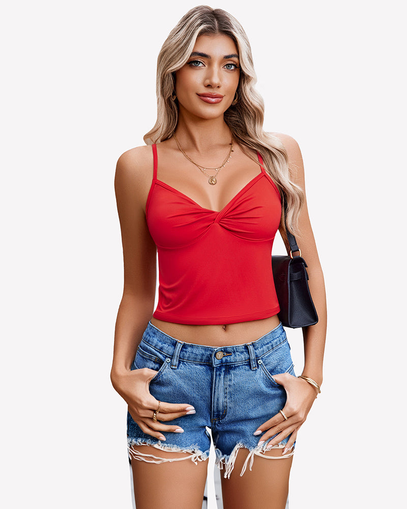 Red twist front V neck crop top with spaghetti straps. Stylish summer top
