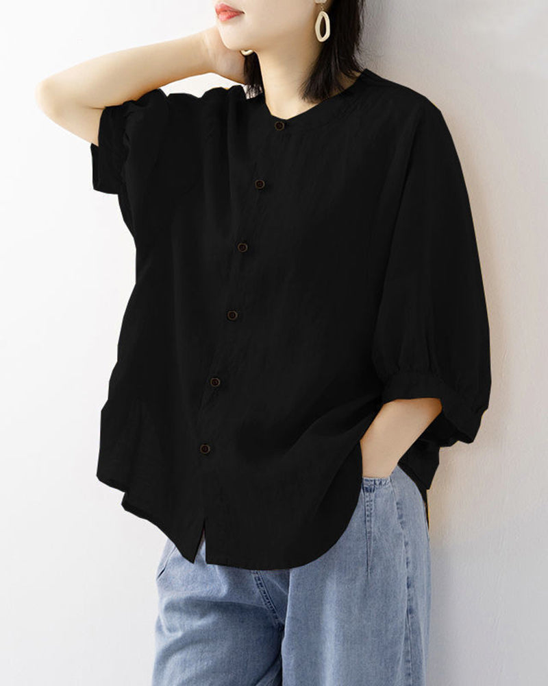 Black Lantern Sleeve Retro Loose Shirt, button-down blouse, cotton-polyester blend, casual style