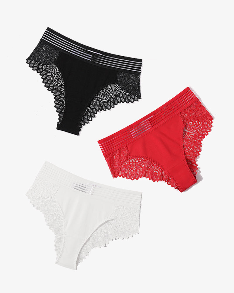 Black, red, and white lace cheeky hipster panties, showcasing comfort and sexy design.