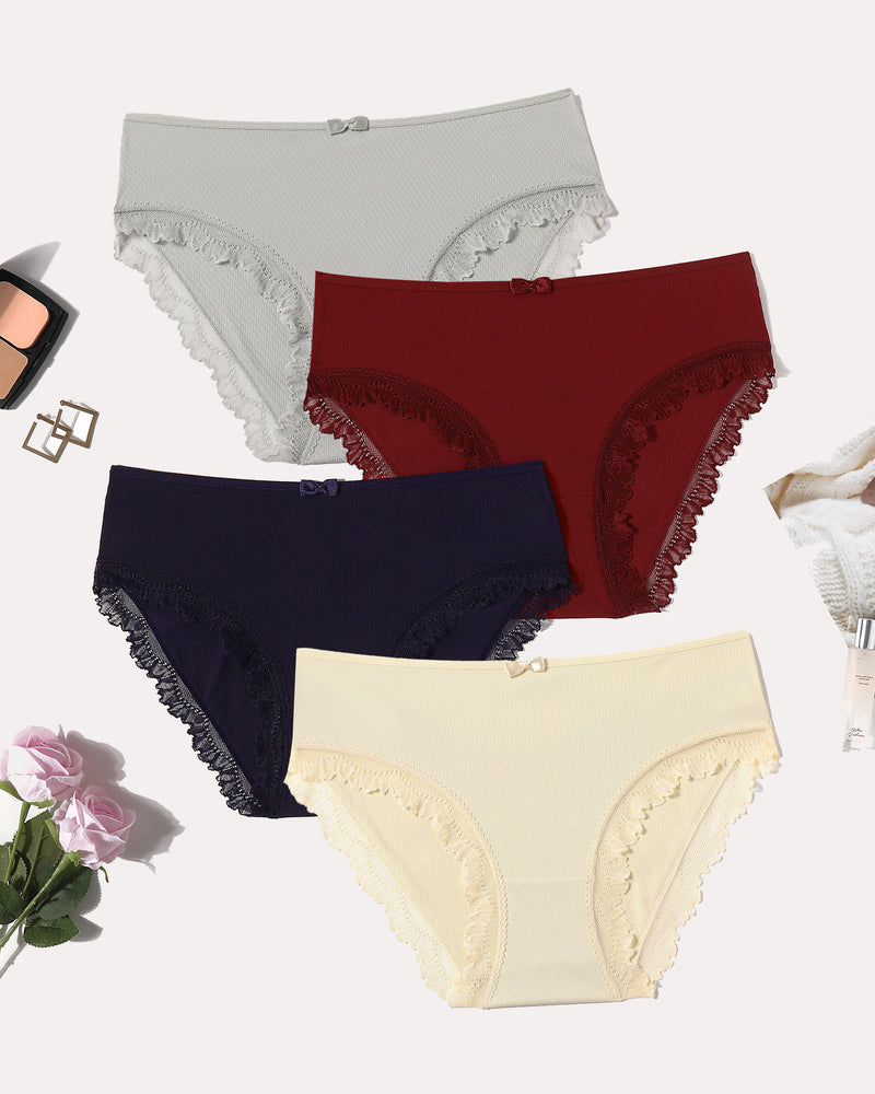Four-piece set of lace trim panties in multiple colors, featuring bow details and an elastic waist.