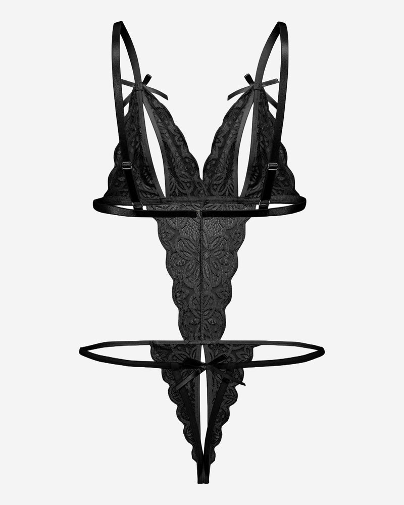 Avidlove black lace bodysuit. Deep V, crotchless, adjustable, with bow. Sexy lingerie.