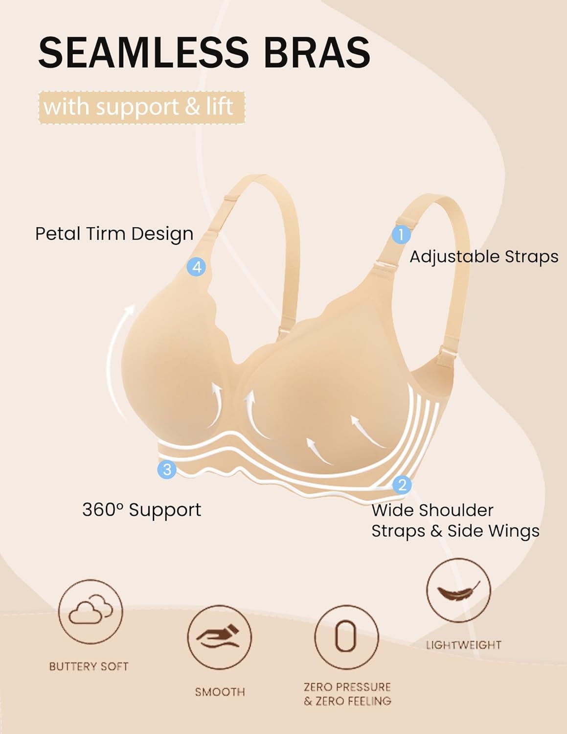Beige seamless bra with adjustable straps and 360° support, offering a soft and lightweight feel.