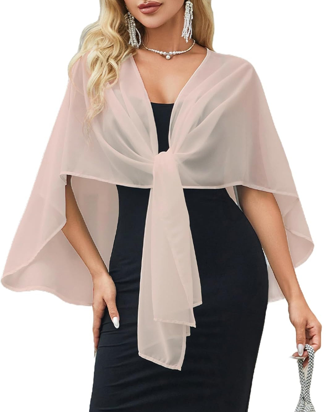 Light pink sheer chiffon shawl wrap with knotted front and flowing draped sides