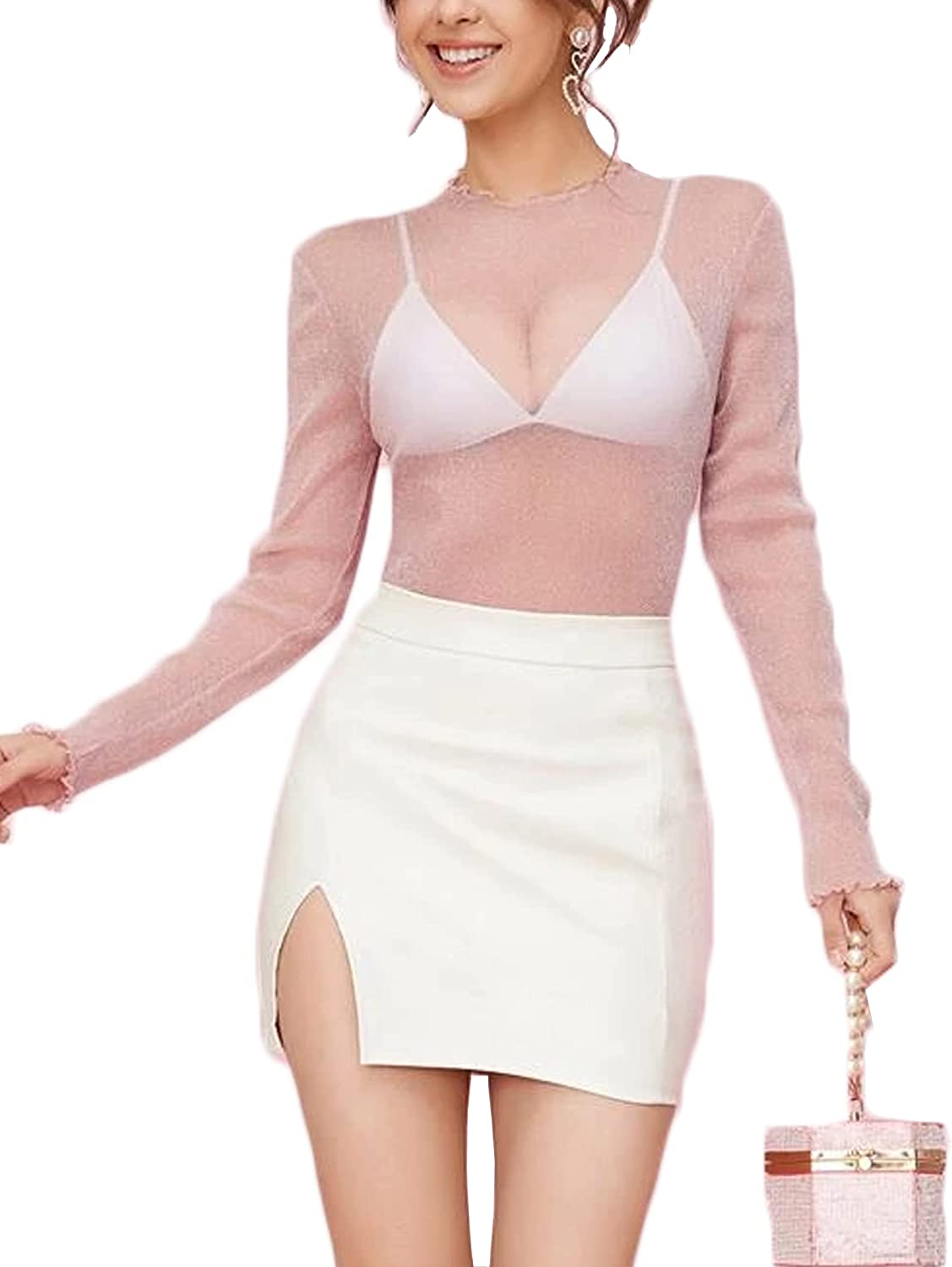 Pink Mesh Top Long Sleeve See Through Shirt with White Skirt, Night Out Outfit