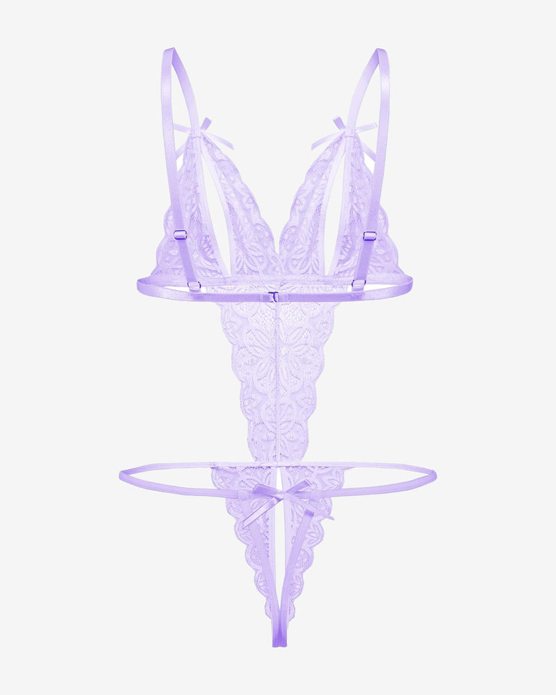 Purple lace open cup bodysuit, adjustable straps, backless crotchless design, Avidlove