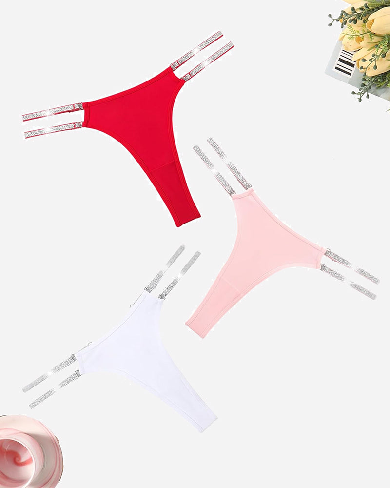 Low Waist Brazilian Tanga Panties in red, pink, and white with flashing straps. Sexy lingerie.