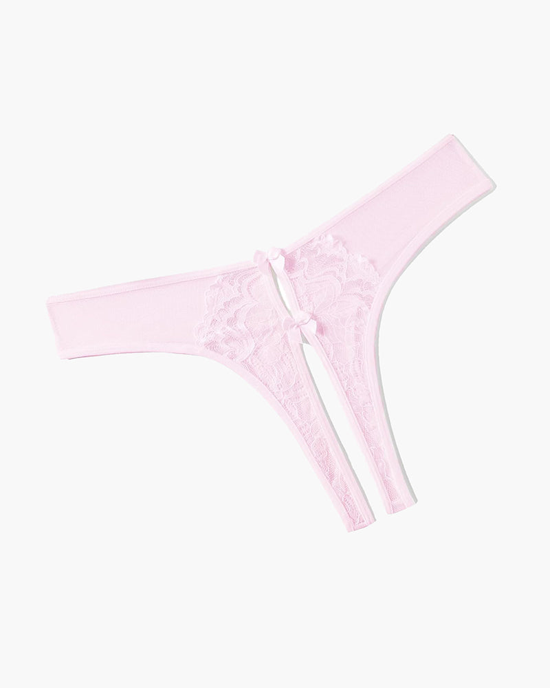 Light pink mesh panties briefs with lace and bow, unique crotch design, sexy lingerie