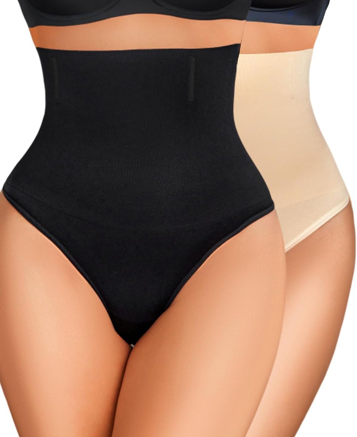 High-waisted tummy control thong shapewear in black and beige for a smooth silhouette