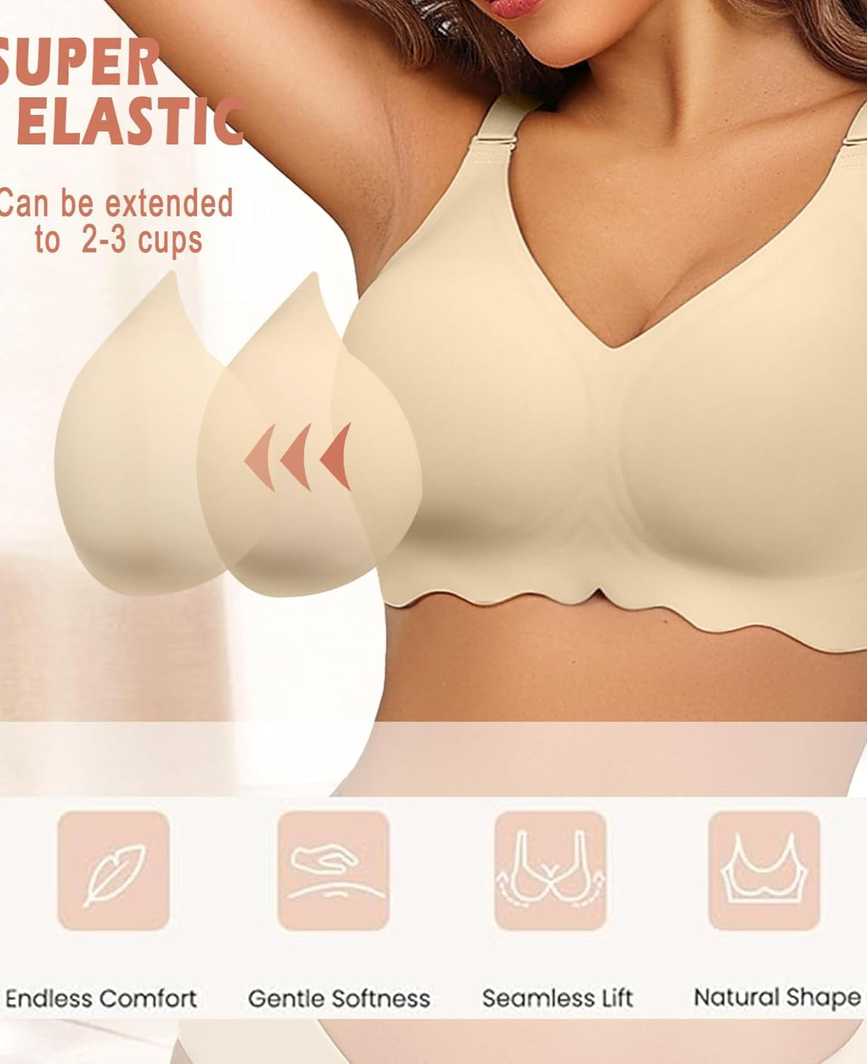 Beige wireless bralette bra, V-neck, petal edge, super elastic, comfortable and seamless.