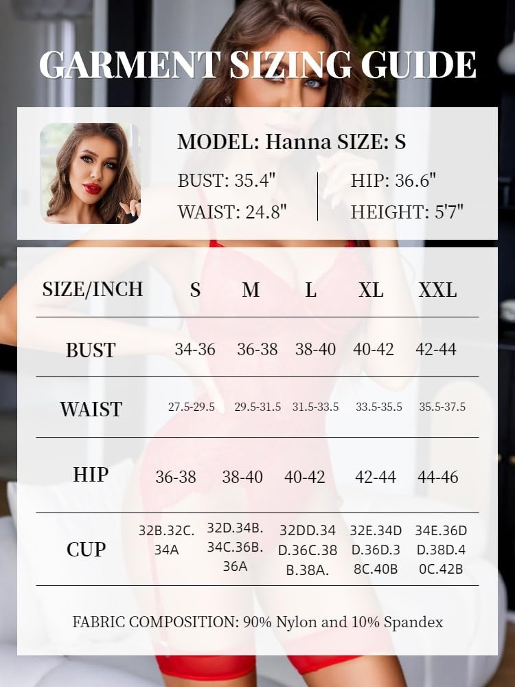 Lace bodysuit size guide: model measurements, size chart, and fabric composition