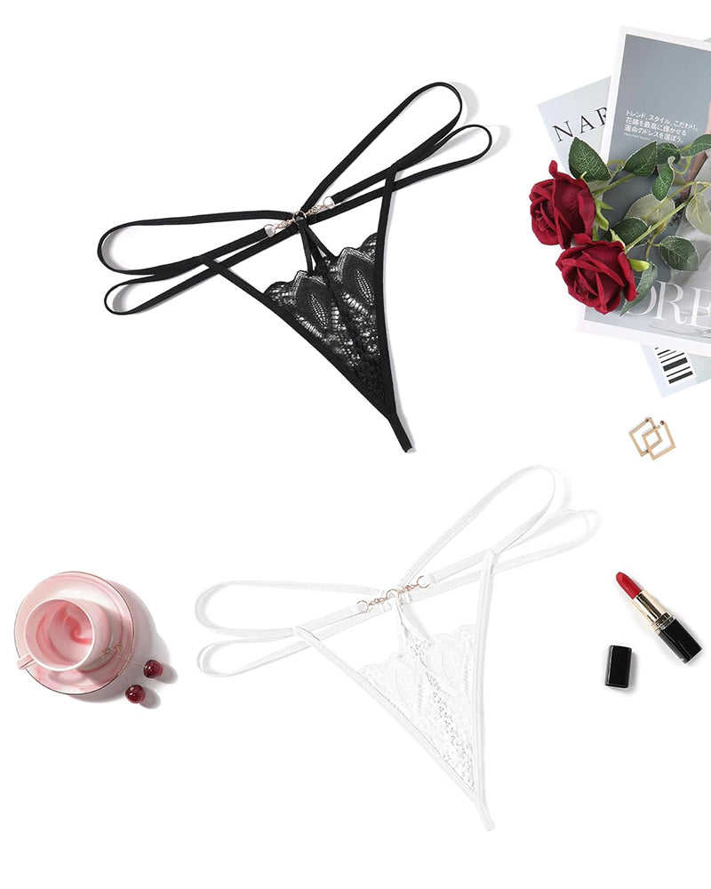 Black and White Floral Lace Briefs Hollow Out Thong Panties with gold chain details