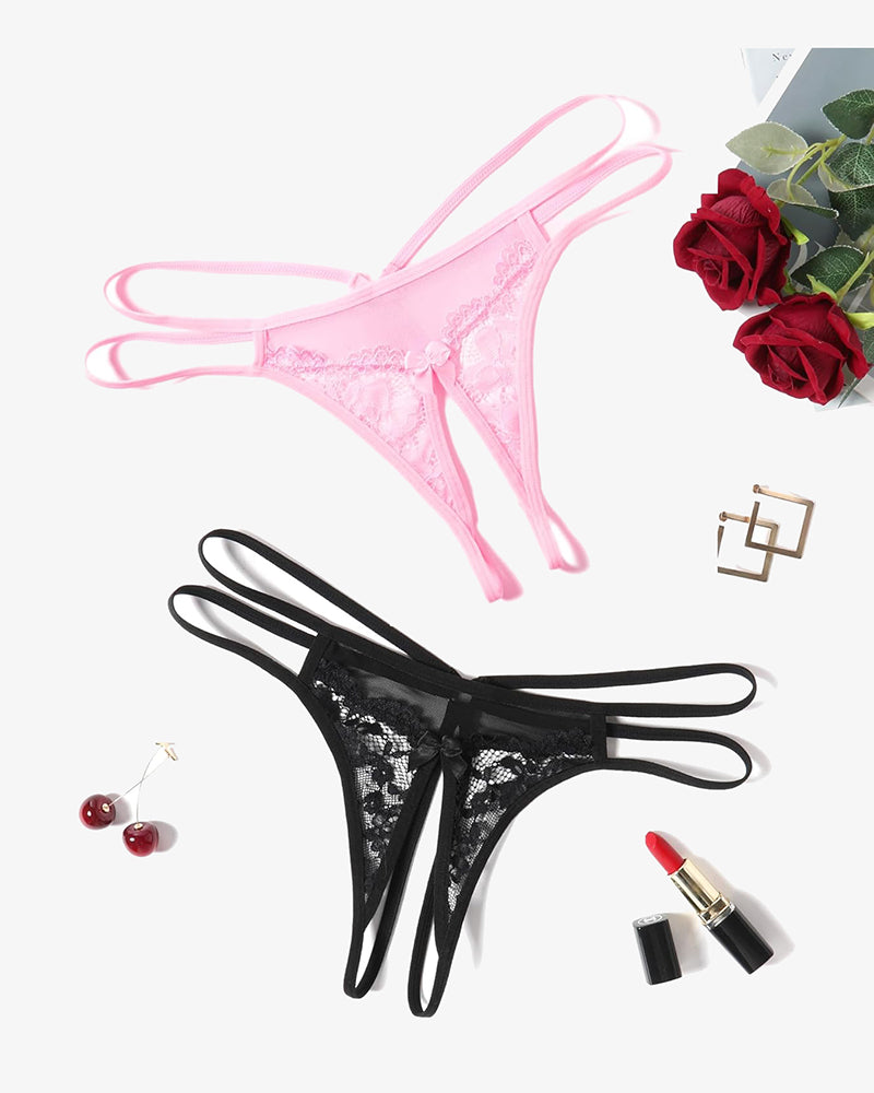 Pink and black floral lace G-string panties, sexy lingerie with open design and bow detail