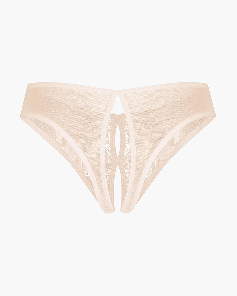 Beige mesh panties briefs with open crotch design and lace details - Sexy lingerie
