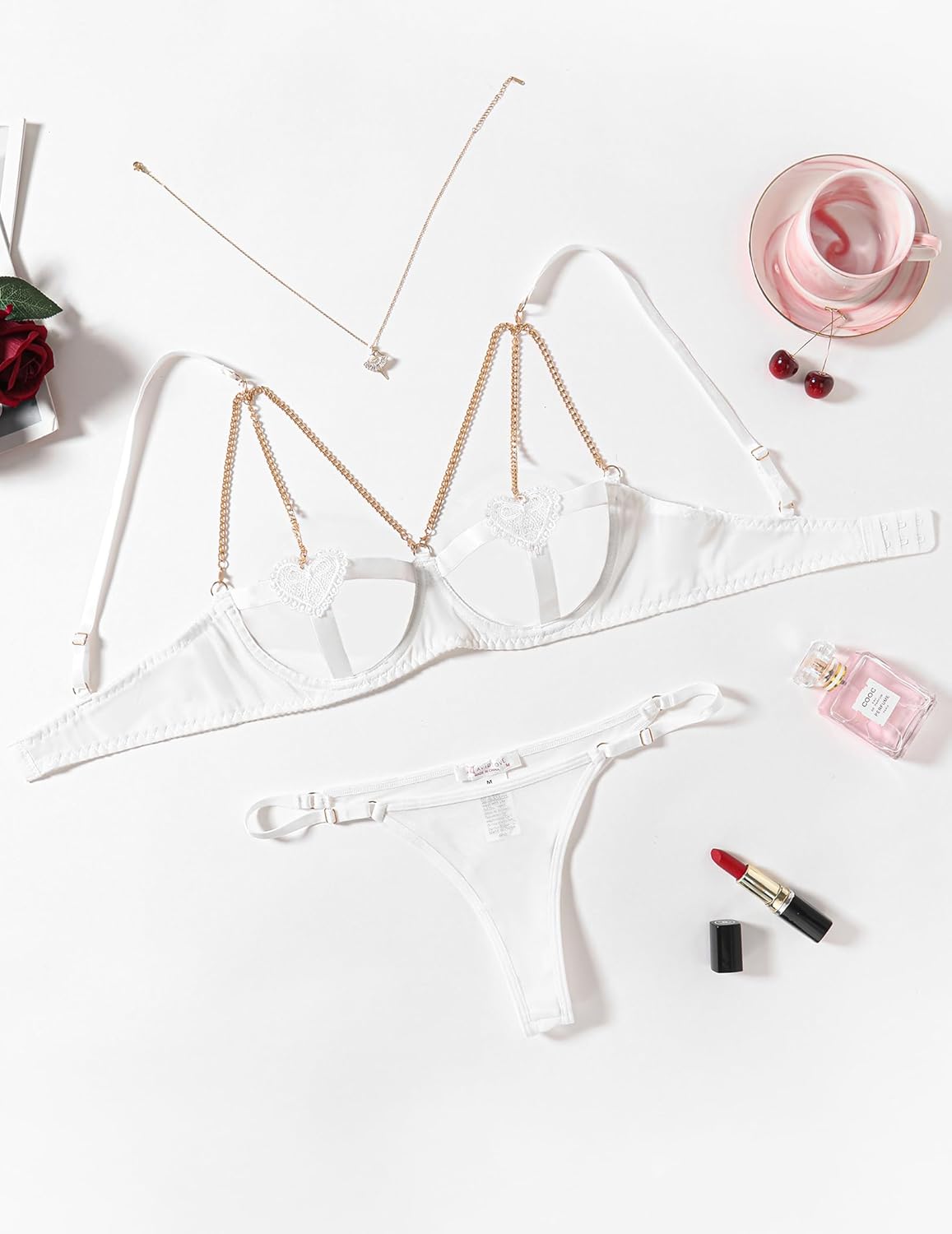 White Chain Heart Cutout Lingerie Set with Gold Chain Details, perfect for romantic nights