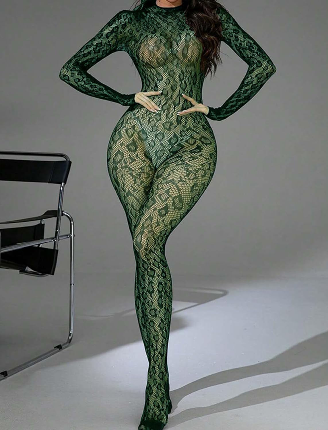 Green snake-skin fishnet bodysuit, mock neck, long sleeves. Sexy rave lingerie.
