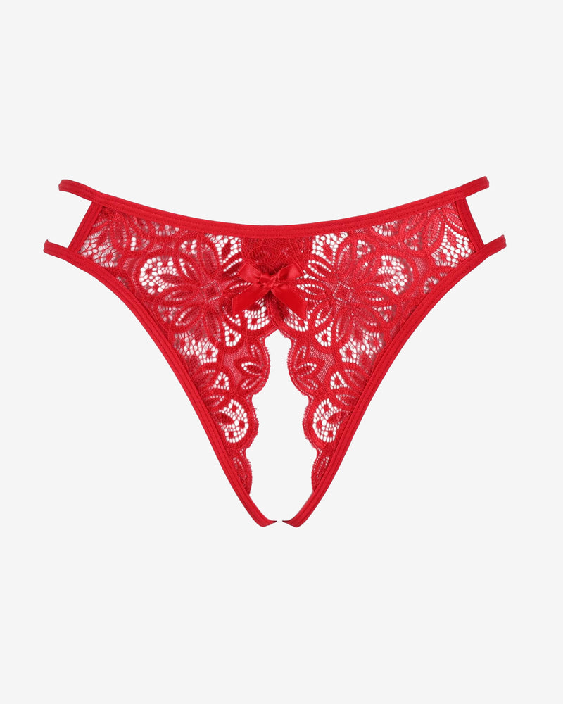 Red floral lace briefs with bow detail. Sexy low-rise thong design. Avidlove lingerie.