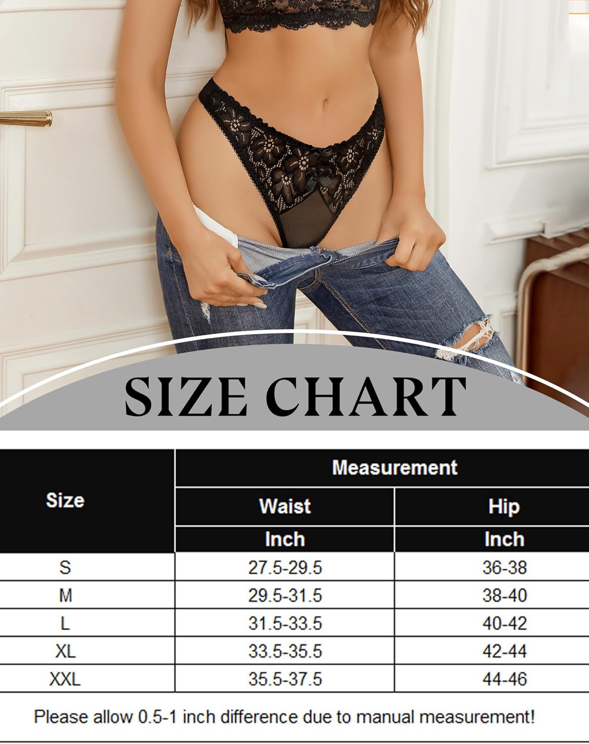Black lace thong with bow detail, low waist panties, size chart with waist and hip measurements.