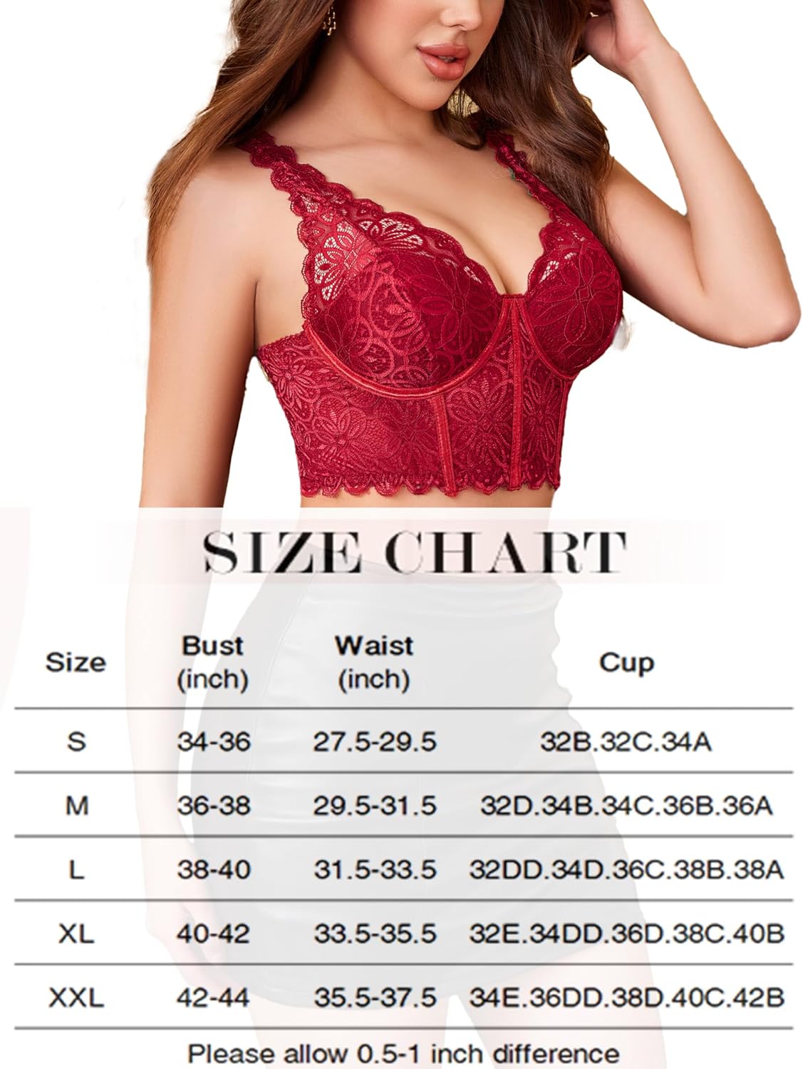Red lace underwire bustier top with adjustable straps and size chart for bustier tops