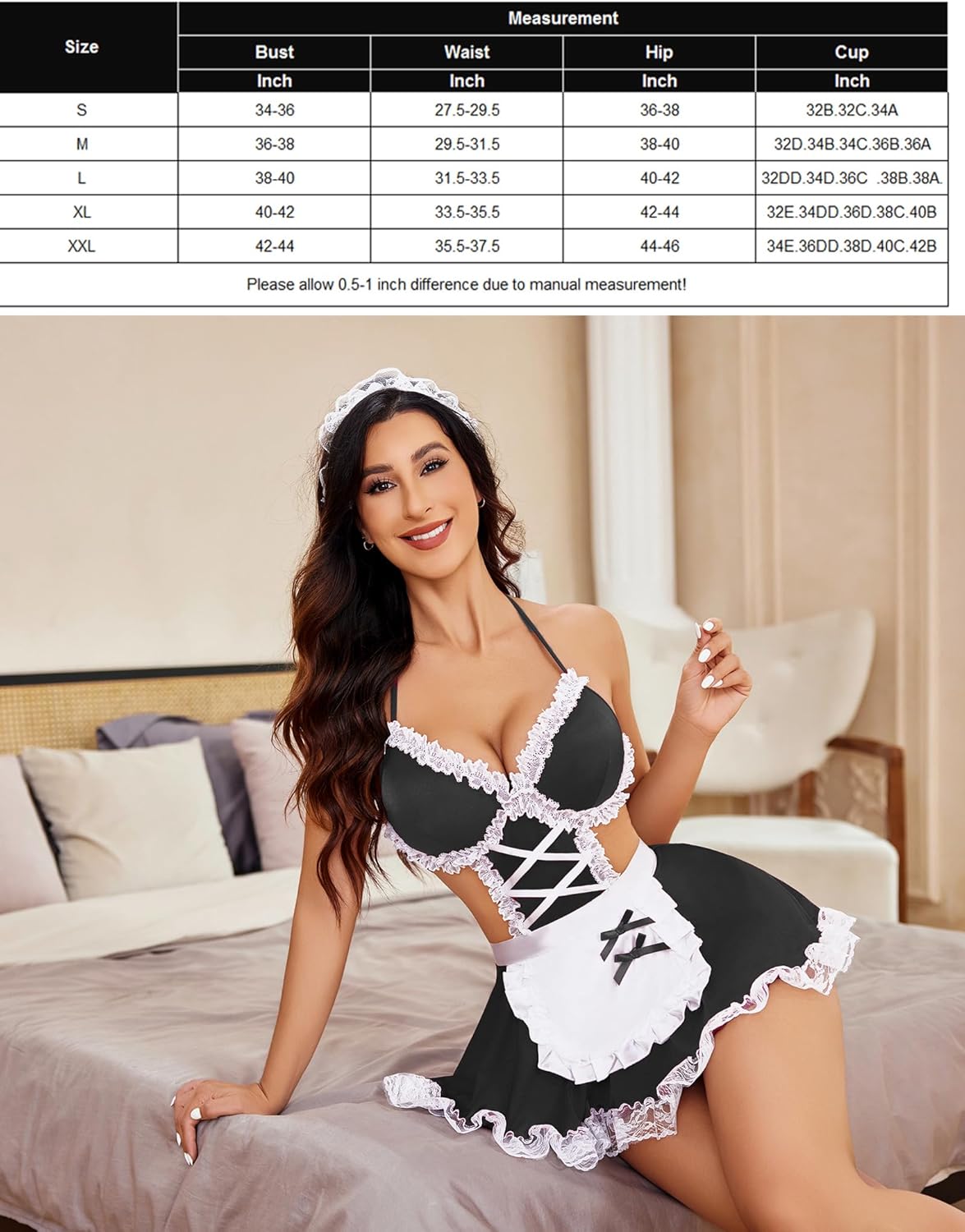 Black lace maid lingerie set with apron and headband. Includes size chart for perfect fit.