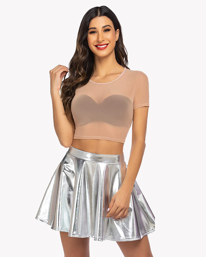 Mesh crop top and silver mini skirt. Sexy see-through top for women. Avidlove lingerie