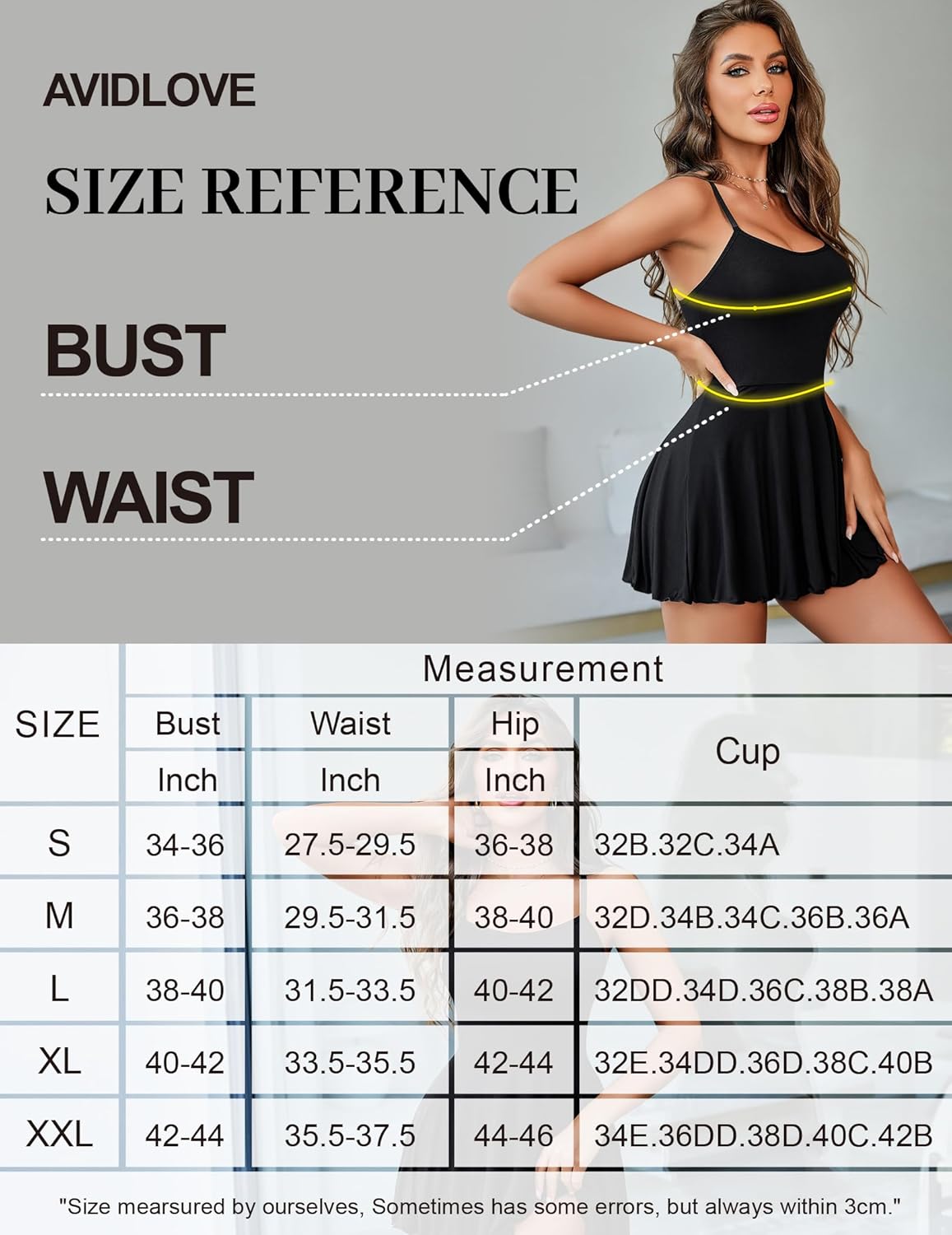 AVIDLOVE black chemise dress size chart: bust, waist, hip, cup measurements for S-XXL