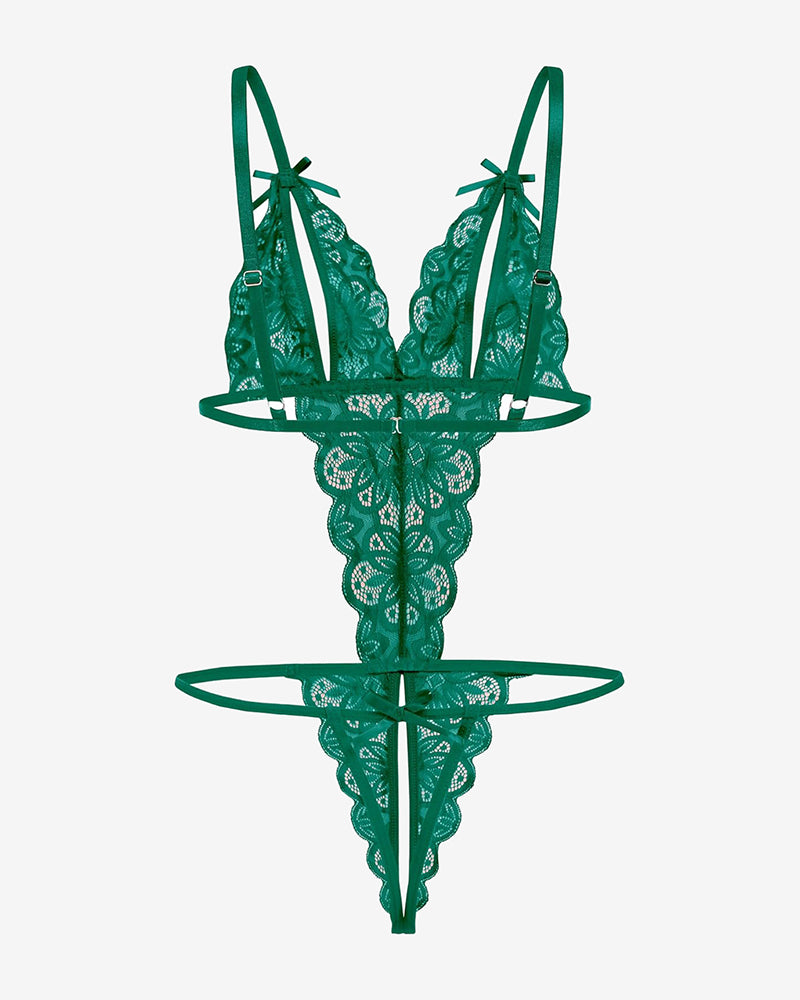 Green floral lace bodysuit with open cup, backless design, and bow details, sexy lingerie