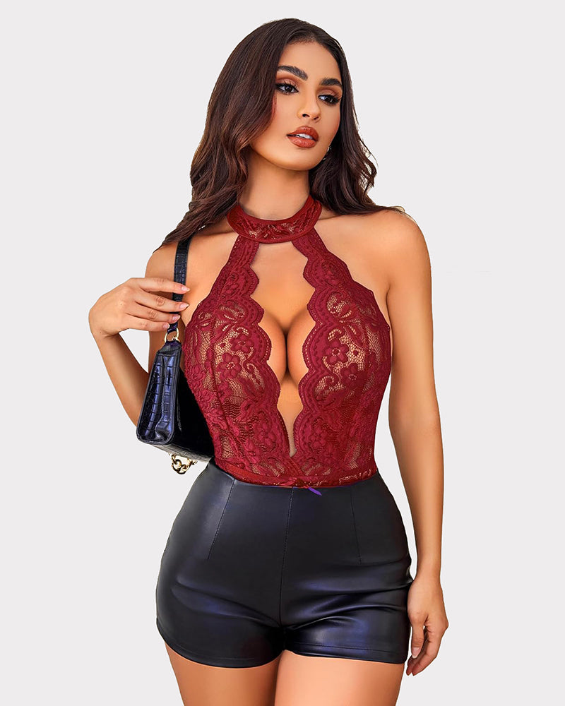 Burgundy lace halter bodysuit, deep V-neck, backless. Sexy Avidlove lingerie.