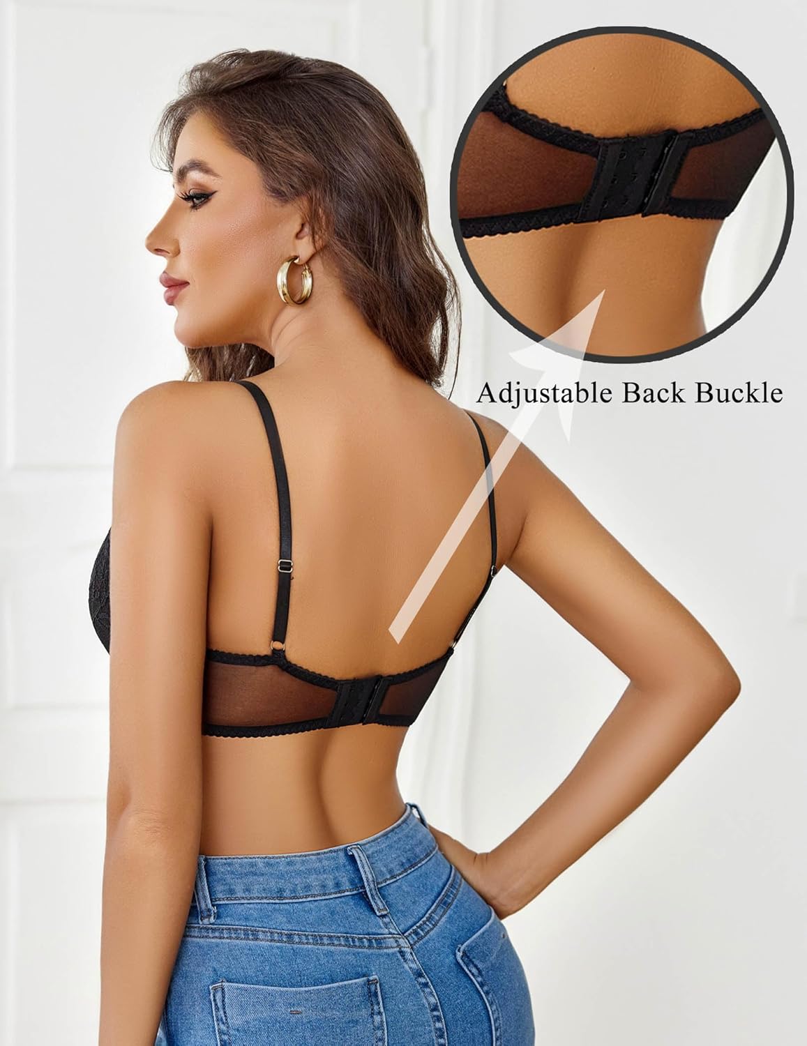 Avidlove black lace balconette bra with adjustable back buckle, offering a seductive look