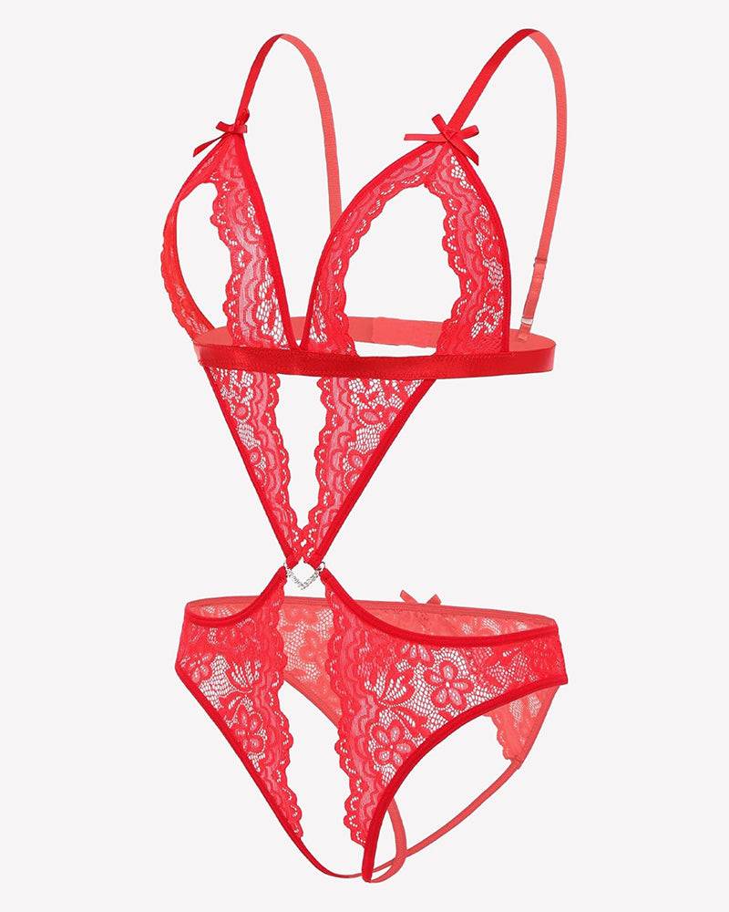 Red lace deep V teddy bodysuit, open sides, perfect for honeymoon. Features delicate lace.