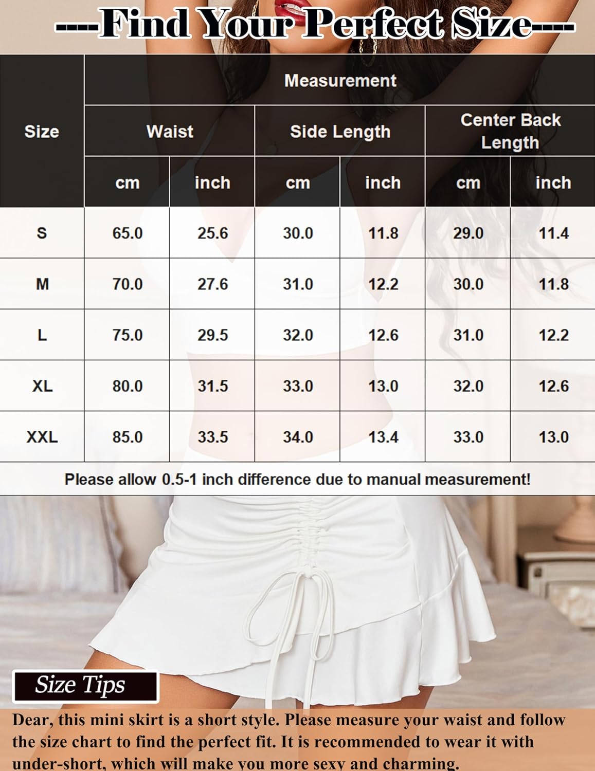 White pleated mini skirt size chart. Find the perfect fit for your sexy and charming outfit.