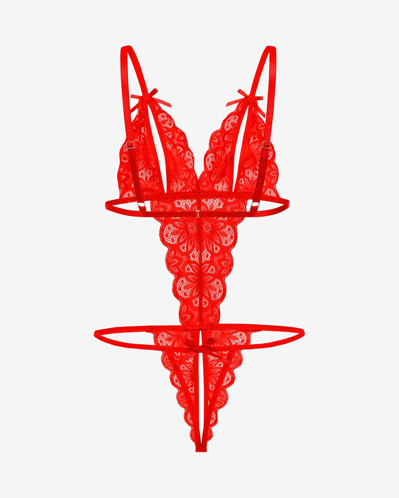 Red lace bodysuit with open cup, backless, and bow details. Sexy lingerie for women