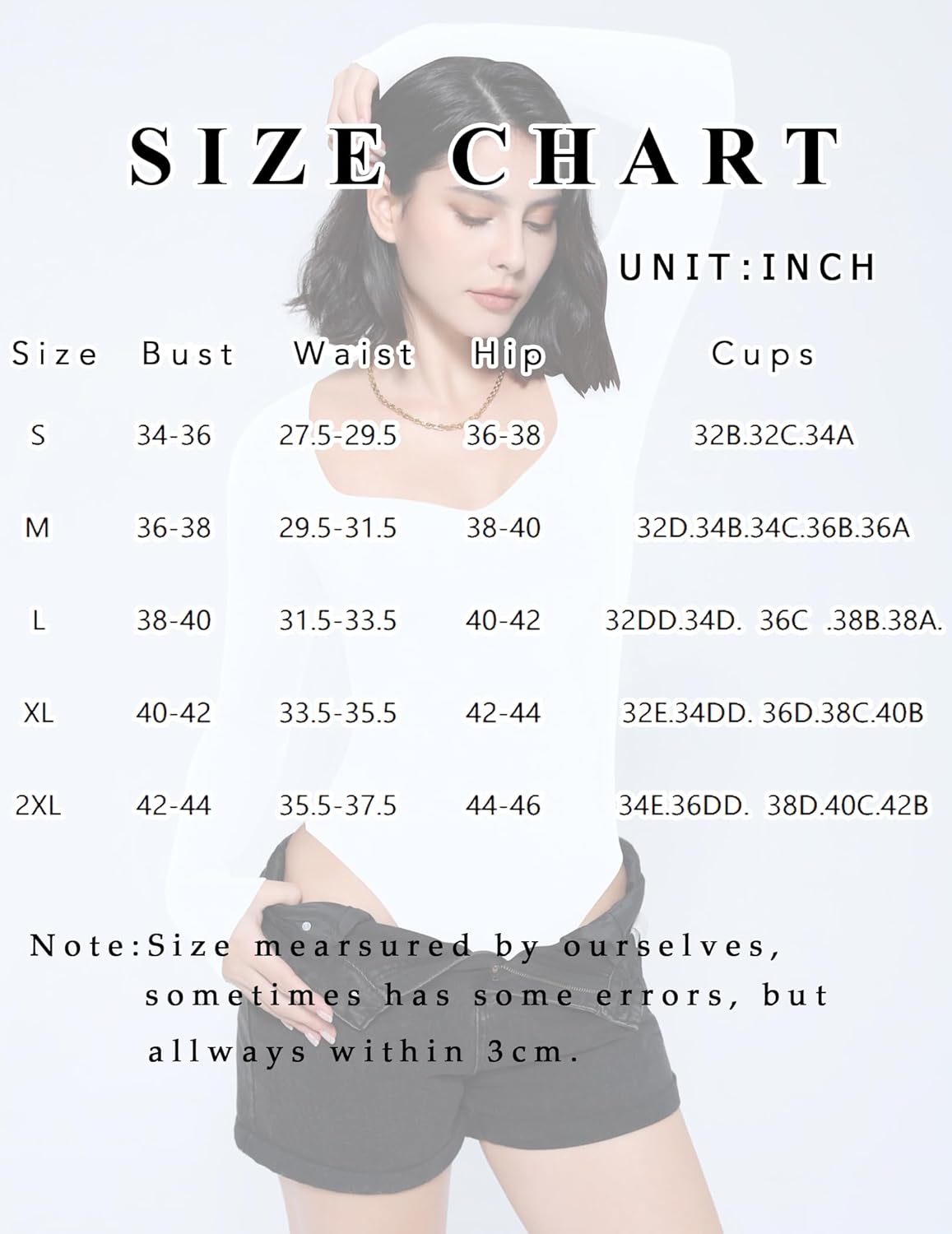 Sweetheart neck bodysuit size chart: Bust, waist, hip measurements in inches with cup size guide.