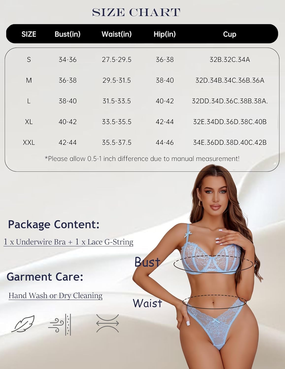 Lace lingerie set size chart. Light blue underwire bra and panty set. Hand wash or dry clean.