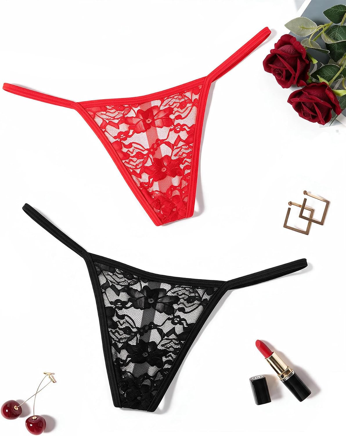 Set of women’s lace T-back G-string thongs: red and black on white background