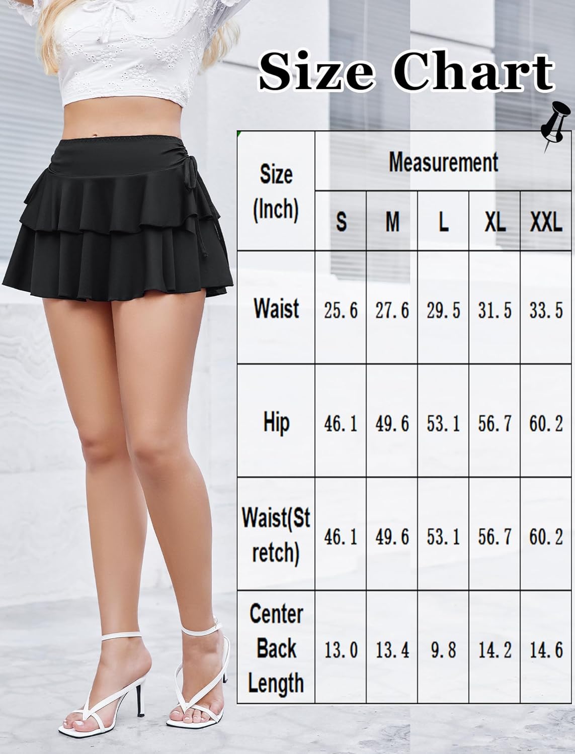 Black ruffle mini skirt size chart, Y2K style, adjustable waist fit, for party and casual wear.