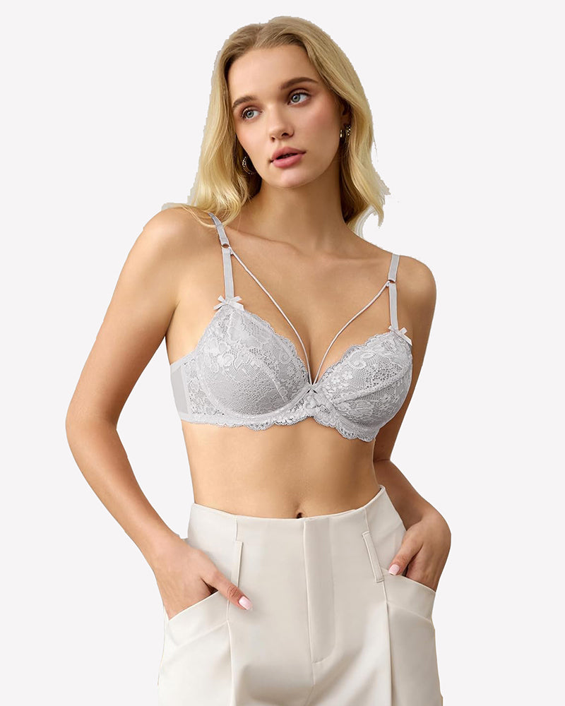 Light gray lace unlined strappy bra with underwire support and strappy details. Sexy lingerie.